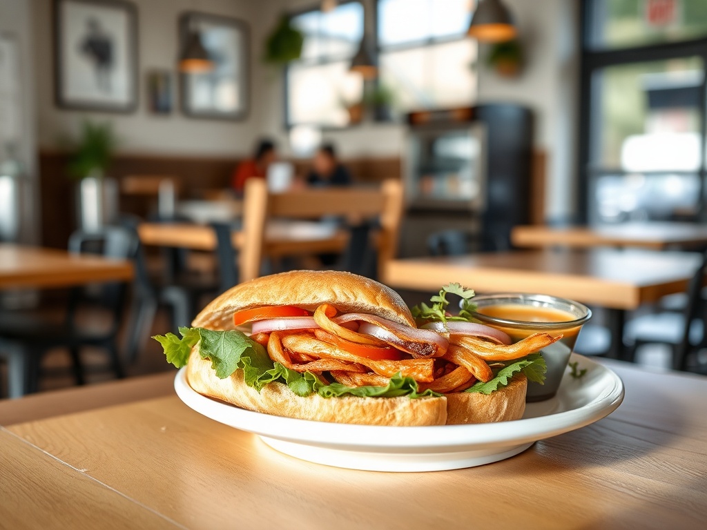 casual lunch sandwich soup local cafe Ontario bright natural light wooden table