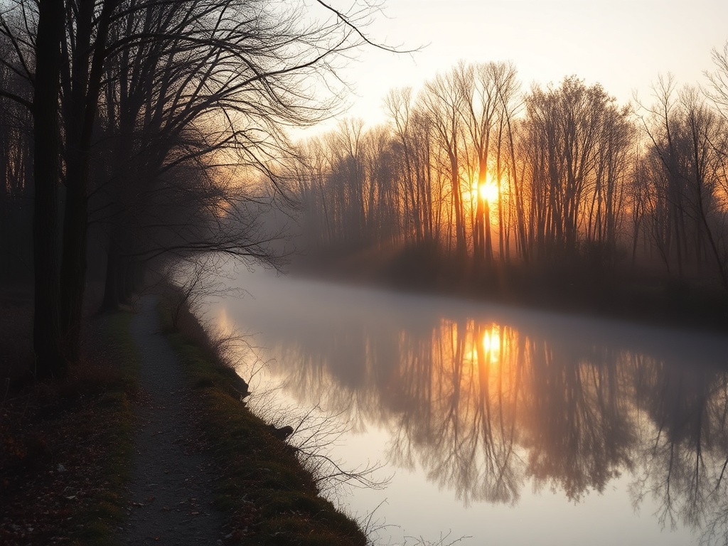 early morning mist over South Branch Rideau River trail golden sunrise trees reflection Ontario peaceful path