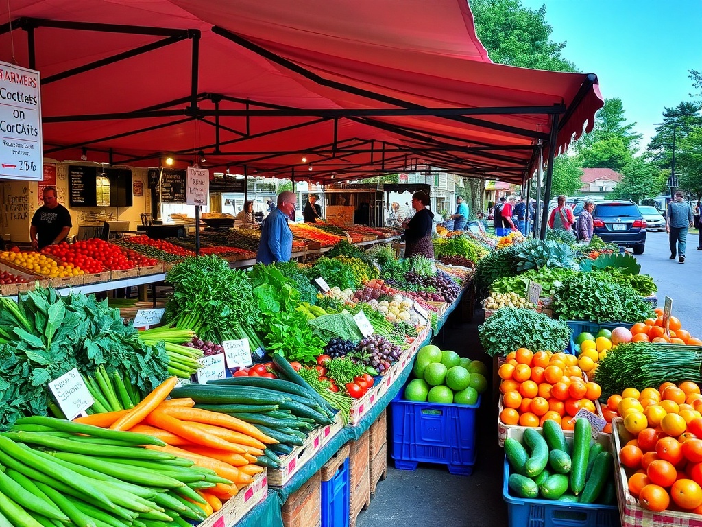 farmers market Ontario fresh produce stalls local vendors colorful vegetables outdoor market