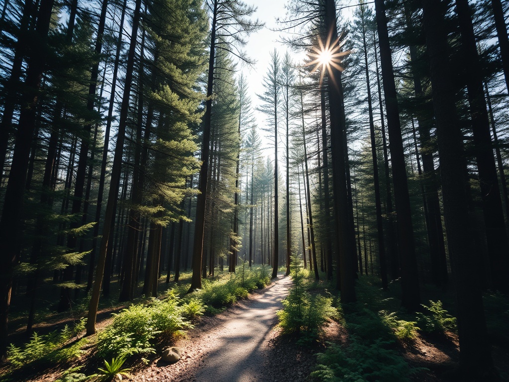 forest walking trail tall pine trees sunlight beams Ontario nature quiet hiking path