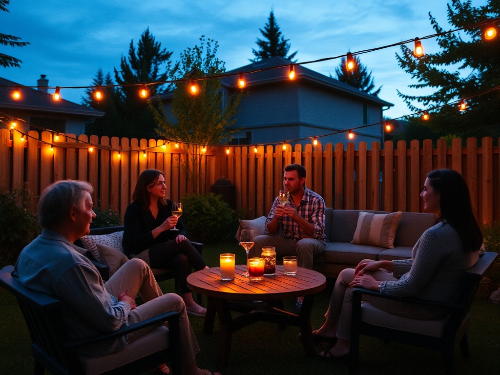 friends gathering cozy backyard string lights evening casual drinks Ontario relaxed vibe