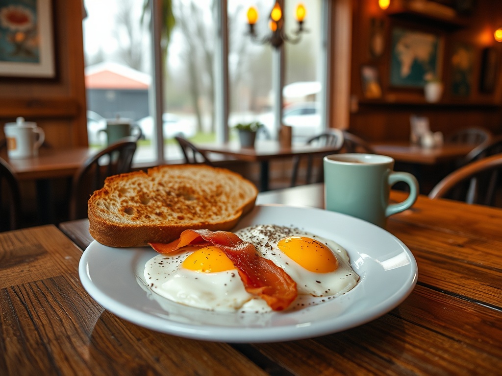 hearty breakfast plate eggs bacon toast rustic cafe small town Ontario cozy interior