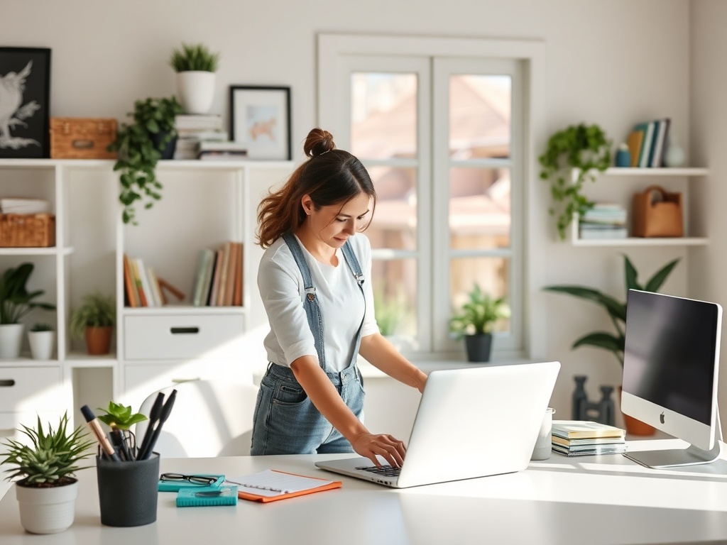 person organizing workspace cleaning decluttering bright tidy home calm productive weekend