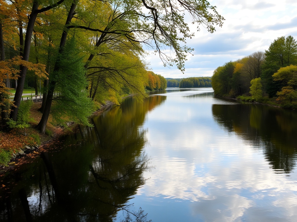 Rideau River scenic view calm water trees reflections Ontario countryside peaceful lookout