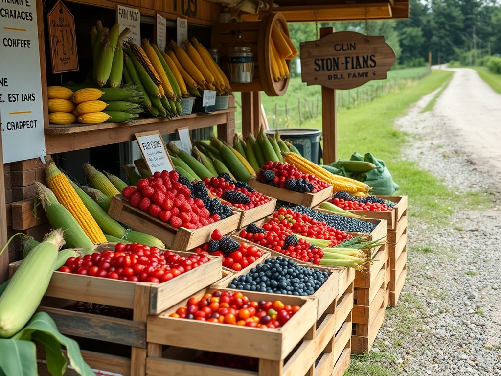 roadside farm stand Ontario fresh corn berries wooden crates rural road summer