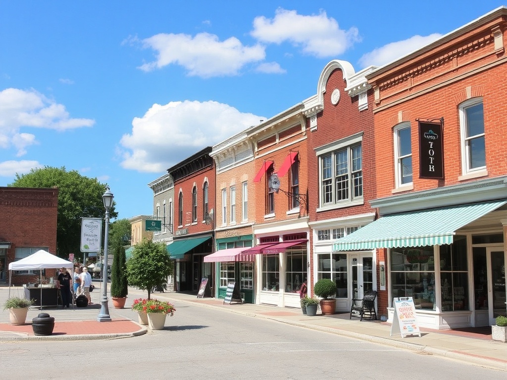 small town main street Kemptville Ontario boutiques historic buildings sunny afternoon