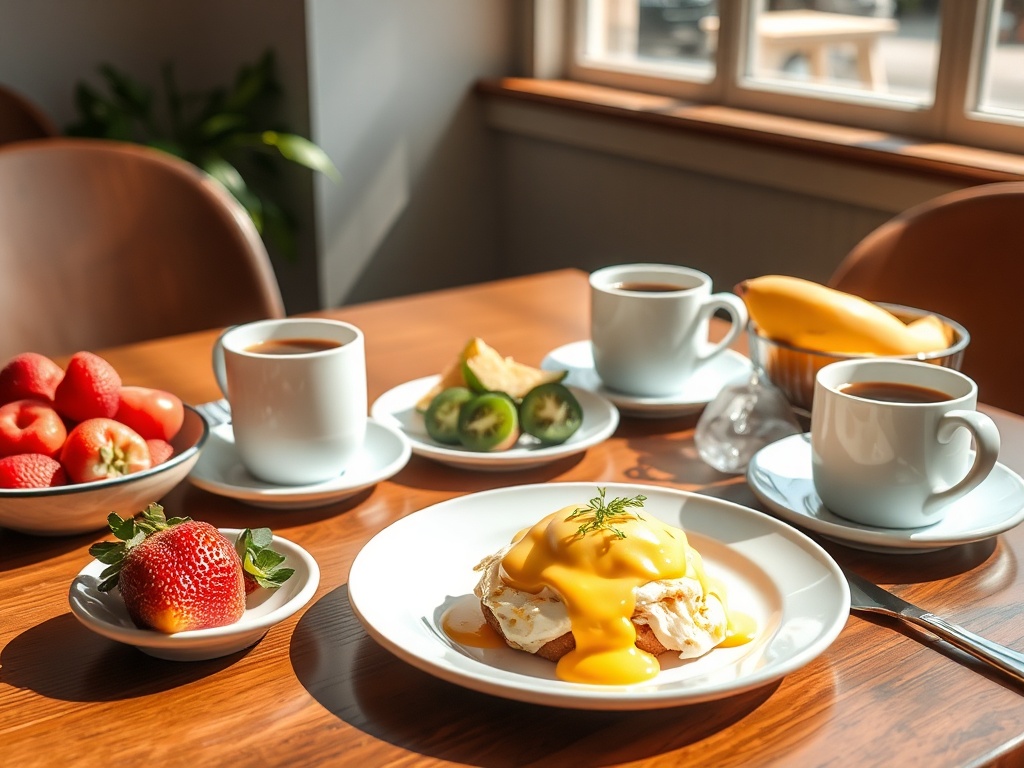 brunch table with eggs benedict, coffee, fresh fruit, bright natural light