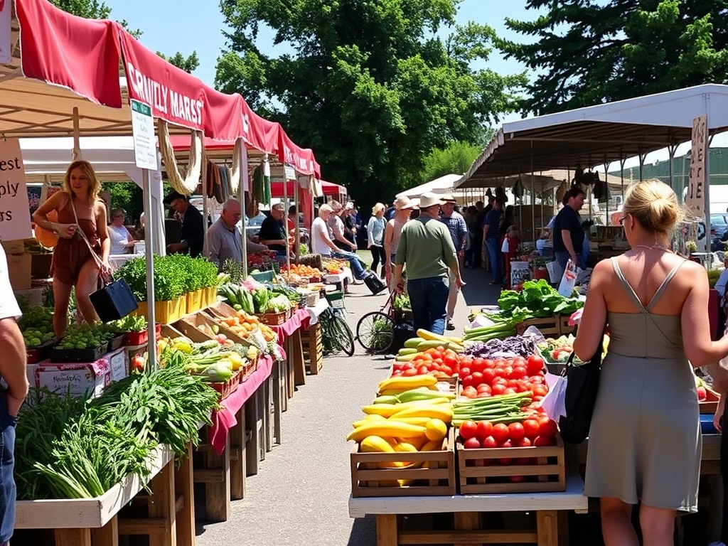 busy farmers market in Ontario with fresh produce, local vendors, handmade goods, sunny day