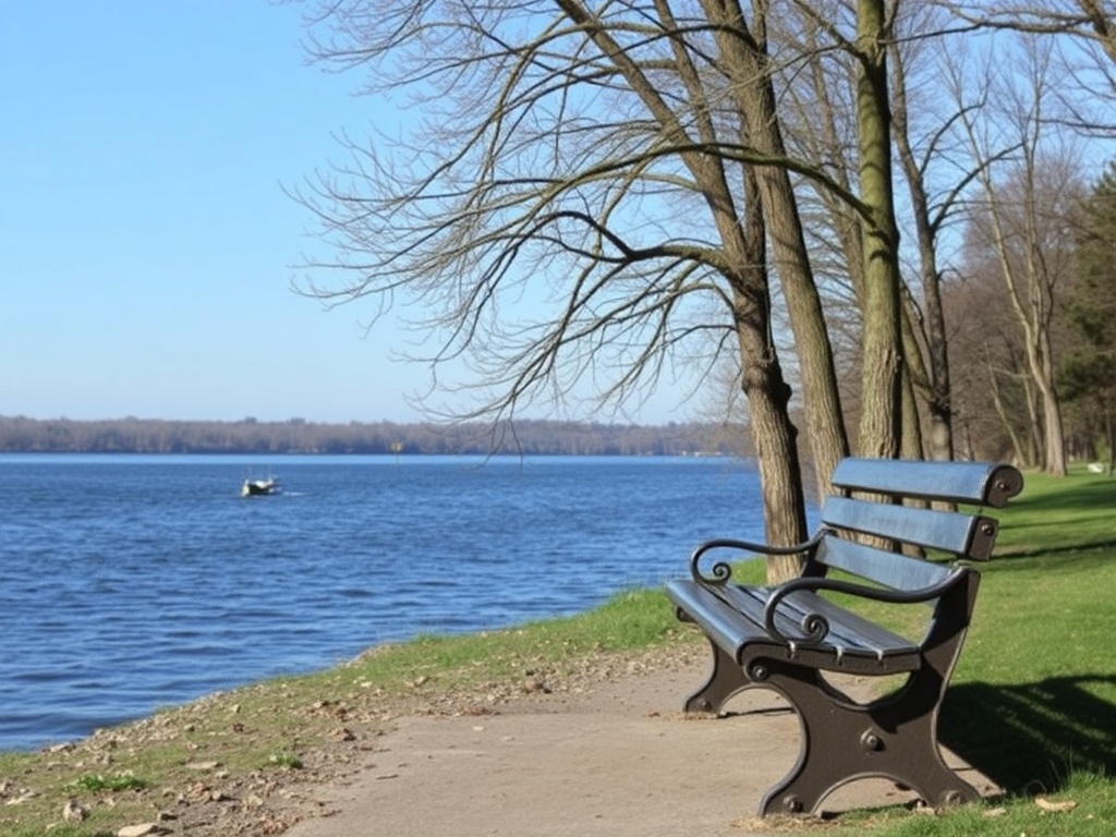 calm riverside bench overlooking water, trees, peaceful quiet atmosphere Ontario