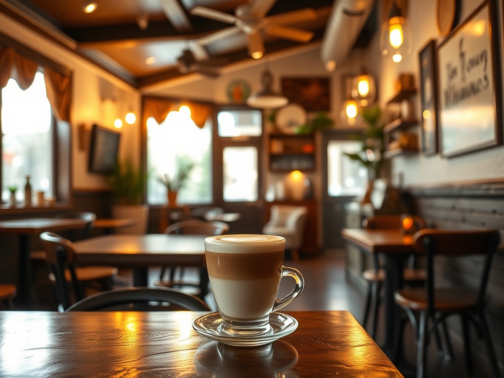 cozy small town cafe interior with warm lighting, latte art, wood tables, relaxed atmosphere