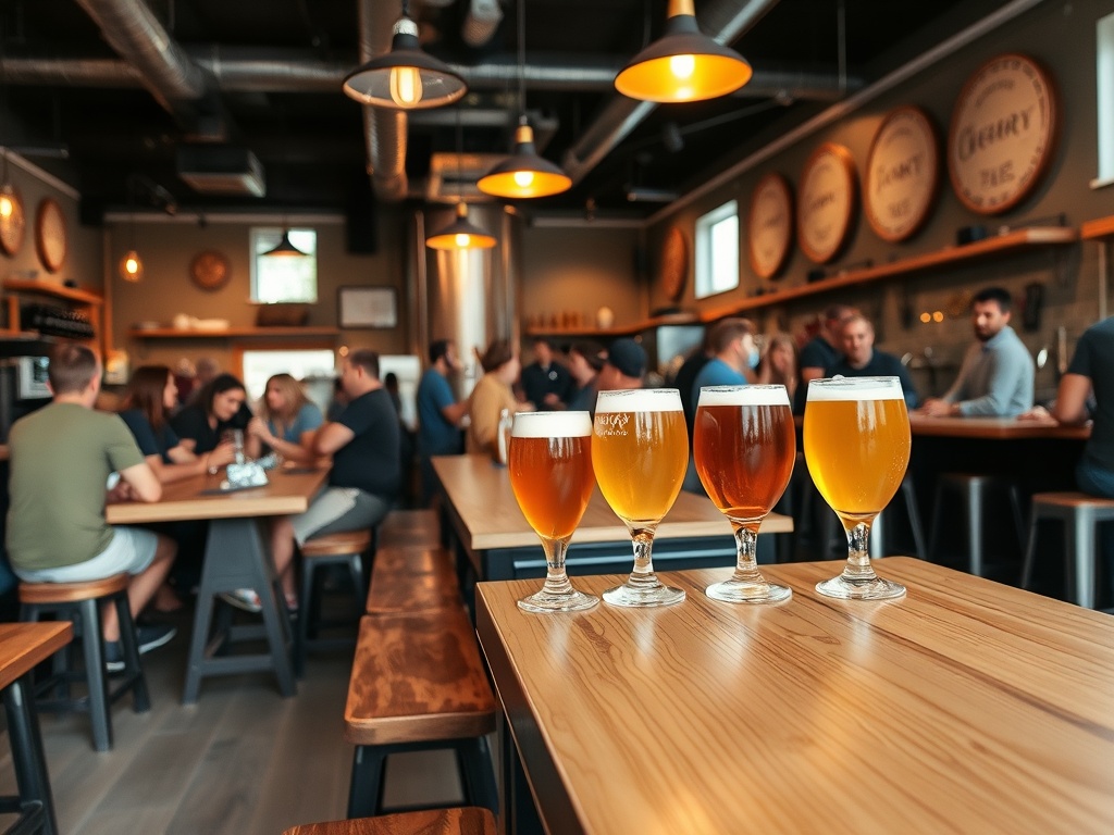 craft brewery interior with wooden tables, flight of beers, casual crowd, Ontario vibe