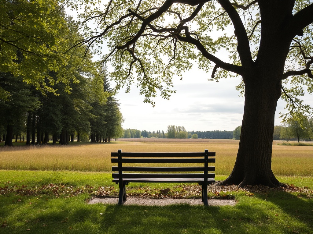 empty park bench under tree overlooking open field peaceful solitude Ontario