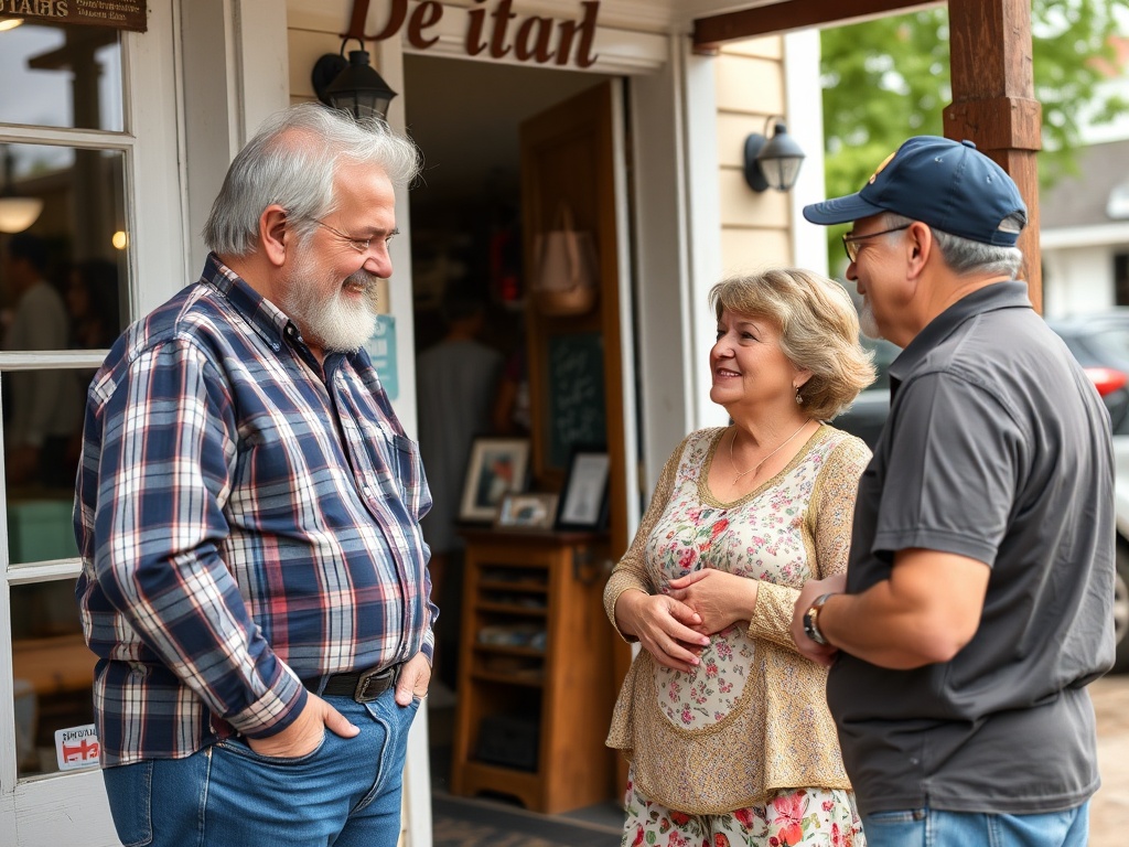 friendly conversation in small town setting, neighbors chatting outside shop, warm candid moment