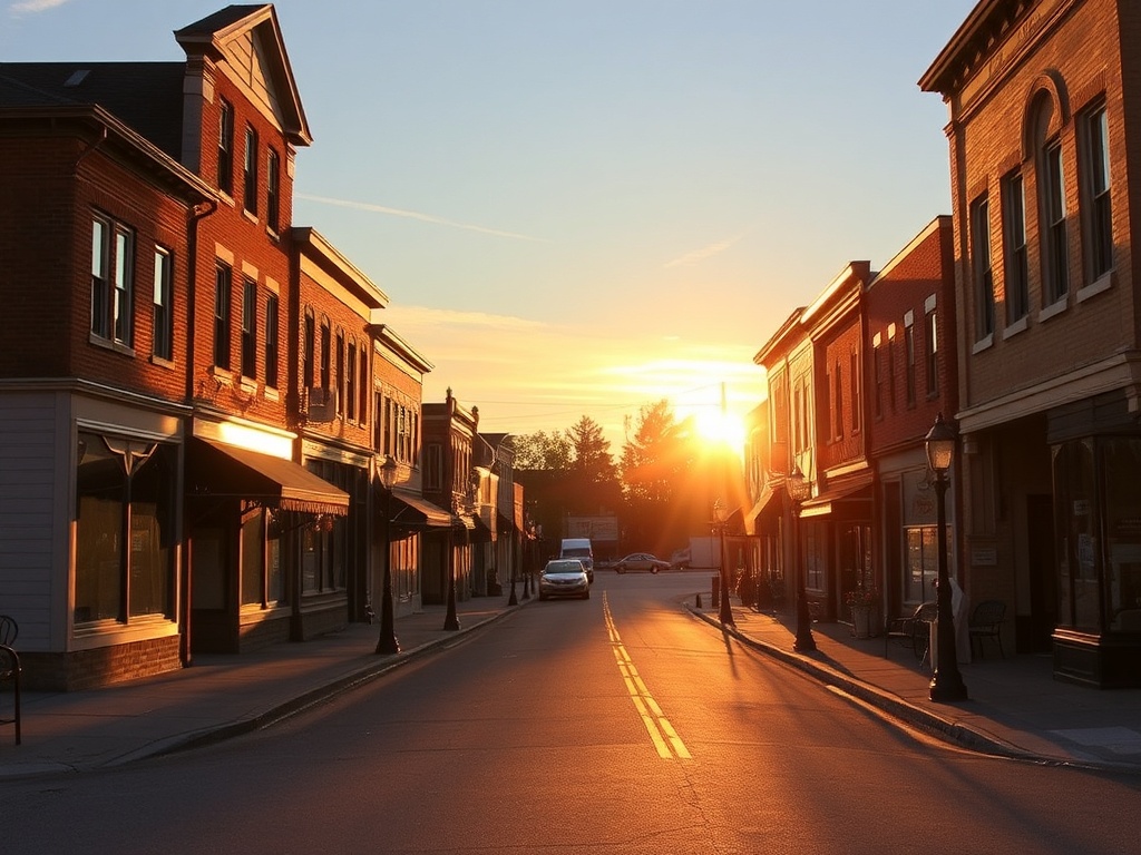 golden hour small town street Ontario soft light shadows charming scenery photography