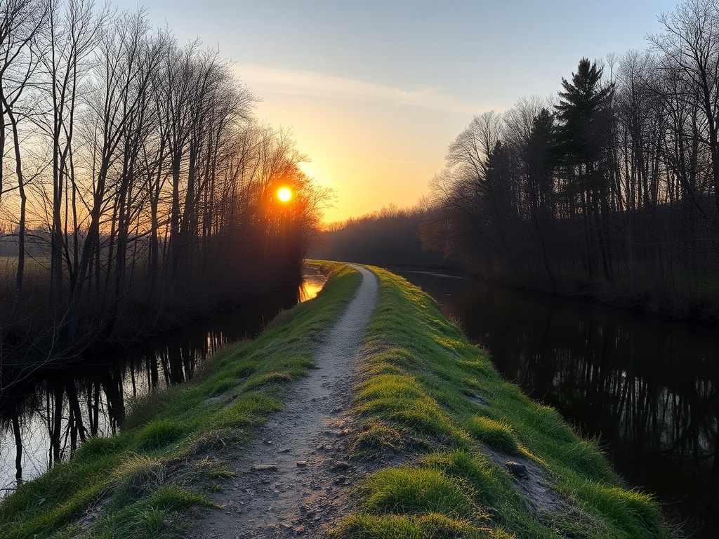 golden hour trail along South Branch Rideau River with trees reflecting in calm water, peaceful Ontario scenery