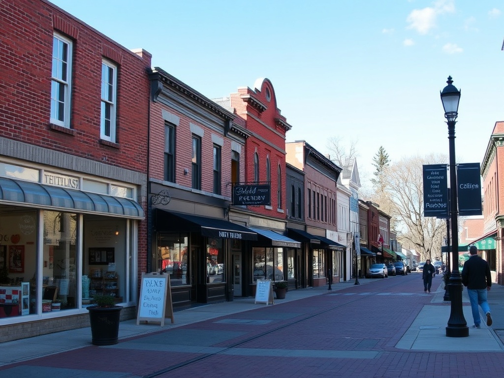 historic small town Ontario street with brick buildings, boutique shops, quiet sidewalks