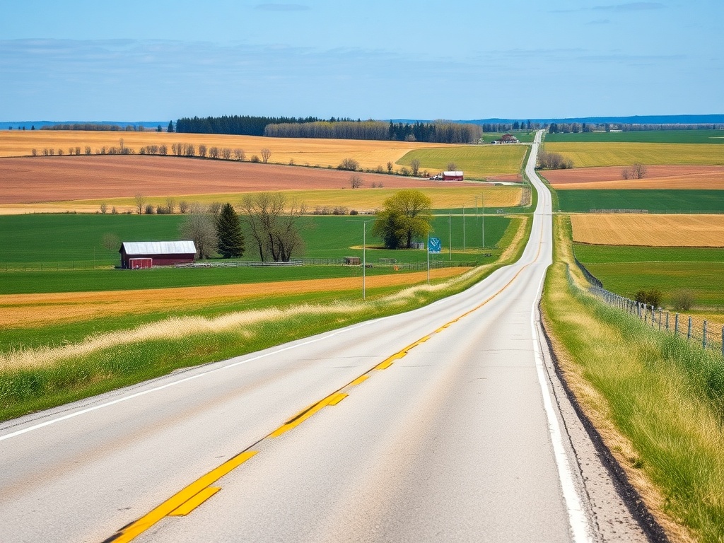 rural Ontario road with farmland, rolling fields, barns, blue sky, scenic drive
