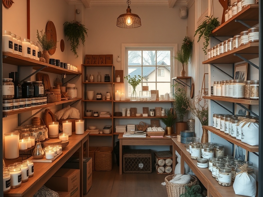 small independent shop interior with handmade goods, candles, gifts, warm lighting