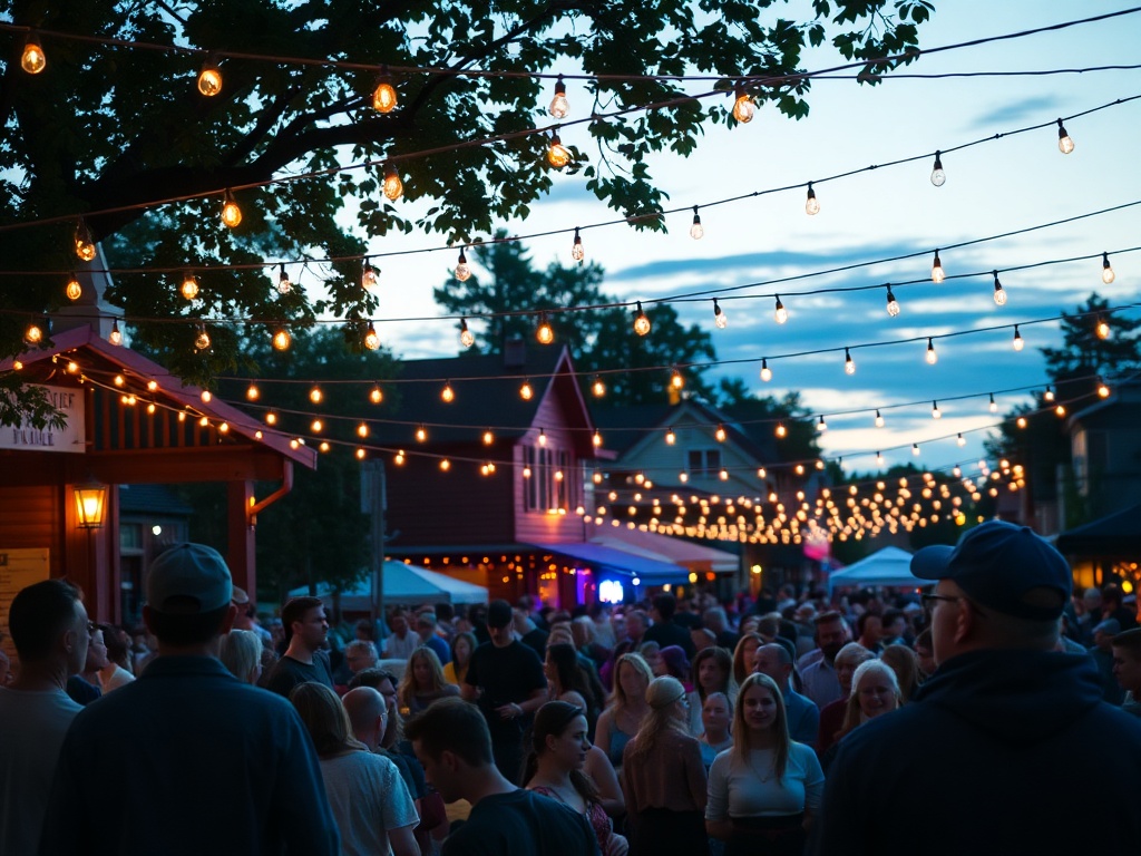 small town outdoor event with string lights, live music, community gathering, evening vibe
