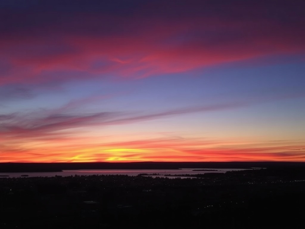 sunset over small town Ontario skyline warm colors quiet evening reflective mood