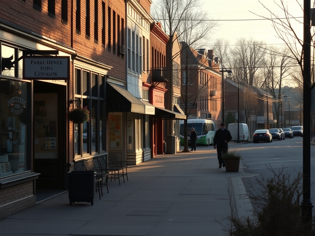 downtown Kemptville Ontario morning, quiet streets, small businesses opening, authentic local atmosphere