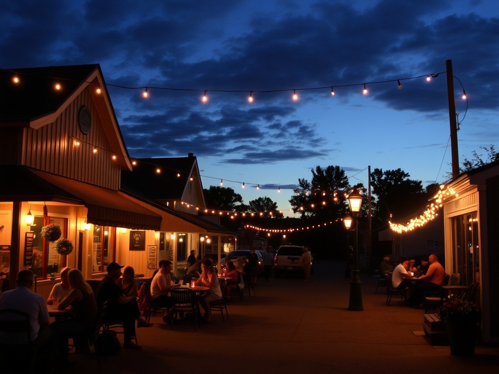 evening in Kemptville Ontario, warm lighting, relaxed environment, people enjoying quiet conversation