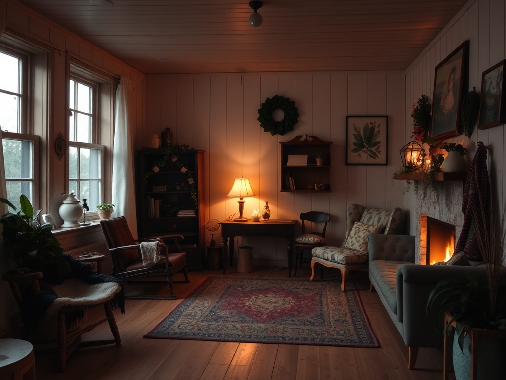 quiet indoor reset moment small town Ontario, soft lighting, calm and restful atmosphere