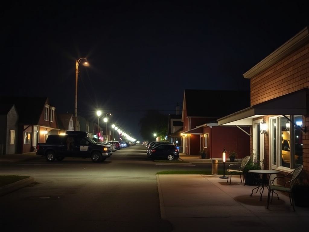 quiet night Kemptville Ontario, calm street or patio, soft lights, peaceful small town feel