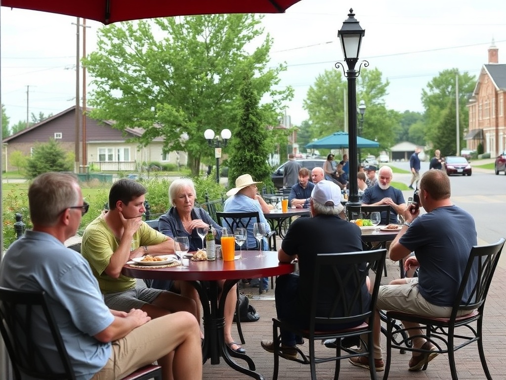 relaxed lunch Kemptville Ontario patio, calm atmosphere, small town dining, people unwinding