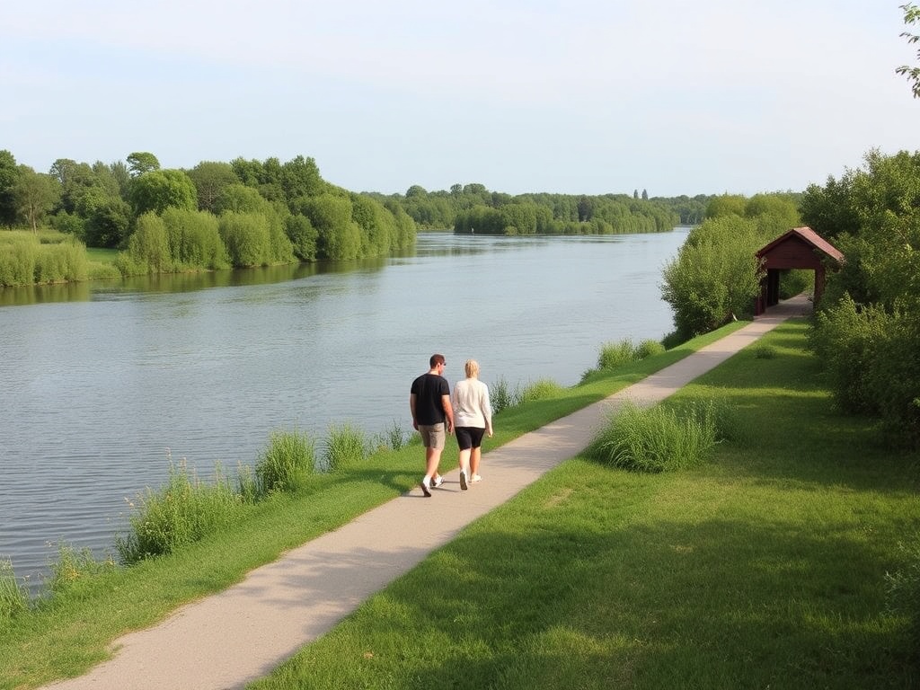 couple walking along Rideau River near Kemptville, calm water, greenery, peaceful weekend outing