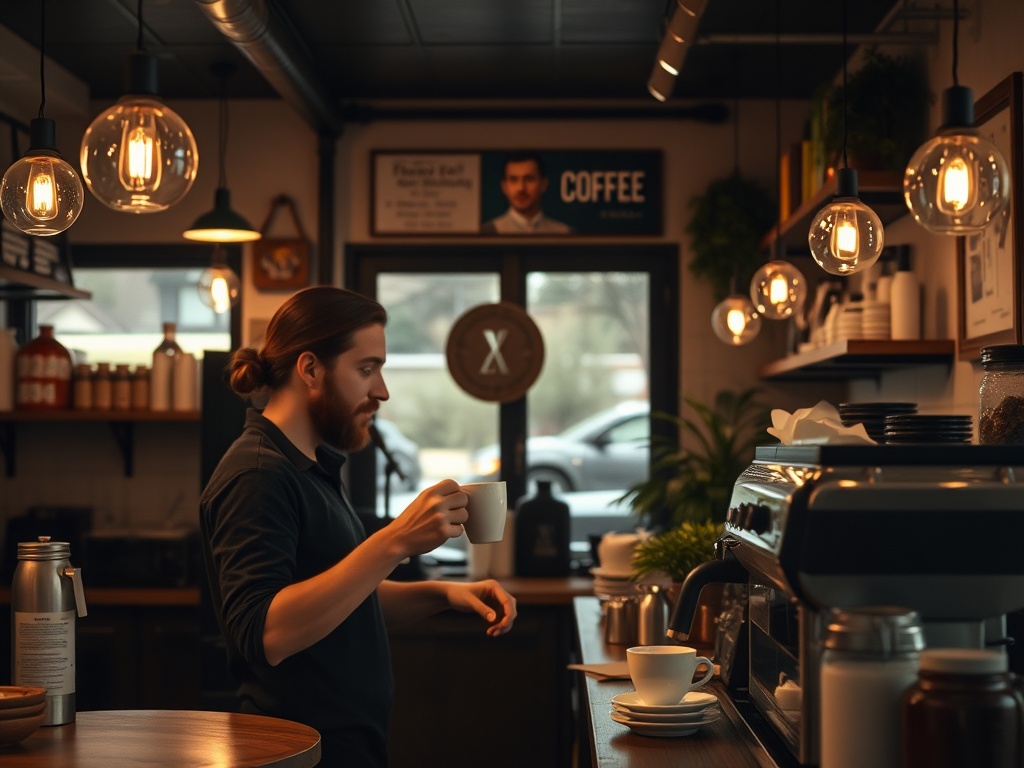 cozy independent coffee shop interior, warm lighting, barista serving latte, small town atmosphere
