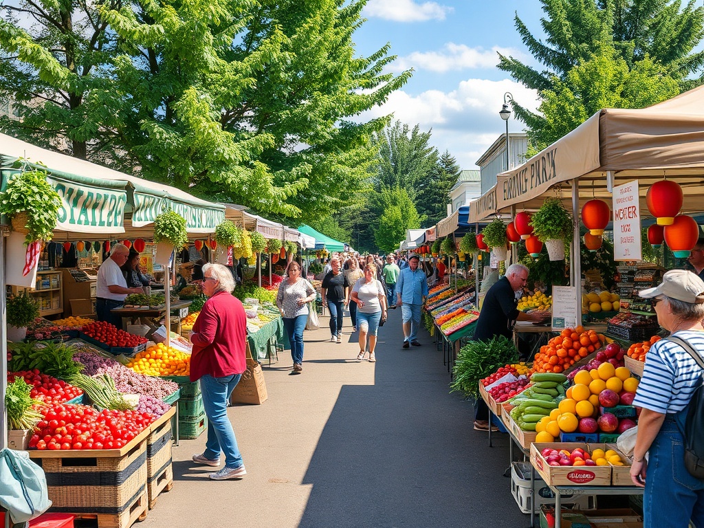 farmers market in Ontario small town, fresh produce stalls, friendly vendors, local shoppers, vibrant colors