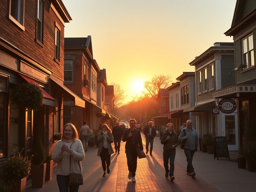 golden hour in a small Ontario town, cozy streets, people walking with coffee, warm sunlight, relaxed weekend vibe