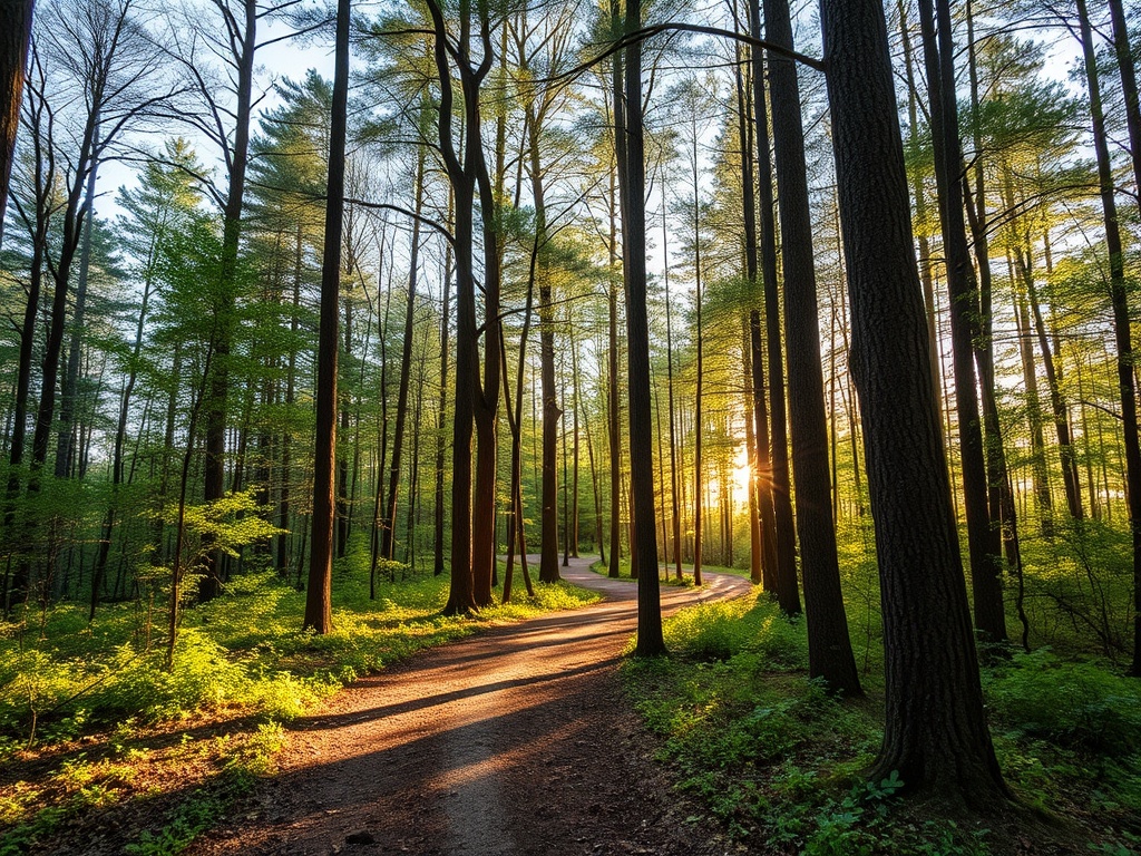 quiet forest trail near Kemptville Ontario, tall trees, soft sunlight, peaceful walking path