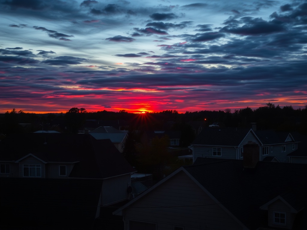 sunset over small town Ontario rooftops, warm colors, calm atmosphere, end of a perfect weekend
