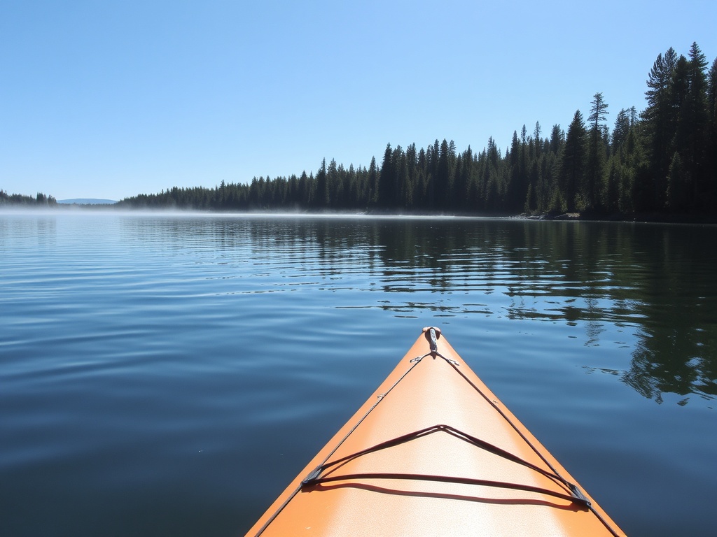 calm lake in Kenora with kayak near pine forest shoreline, bright clear morning