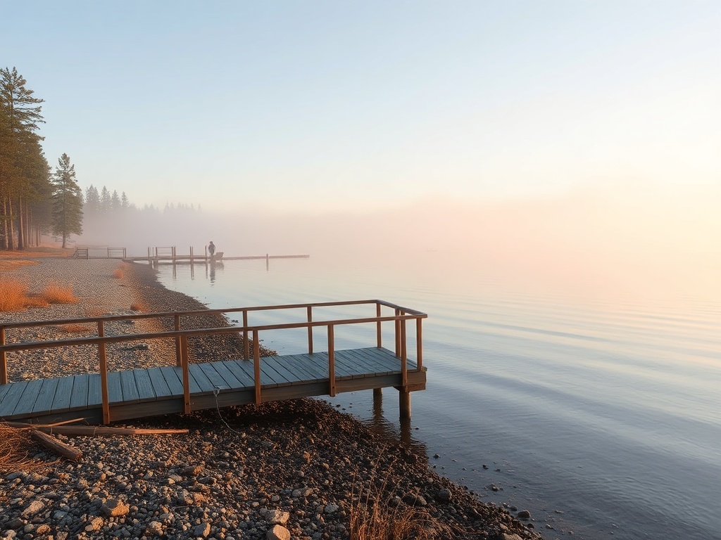 early morning Kenora shoreline with dock, mist over Lake of the Woods and pine trees, quiet and calm