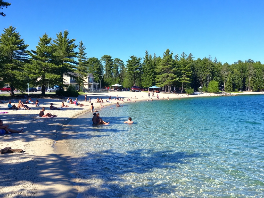 Kenora beach with people relaxing, clear blue water and pine trees, summer afternoon
