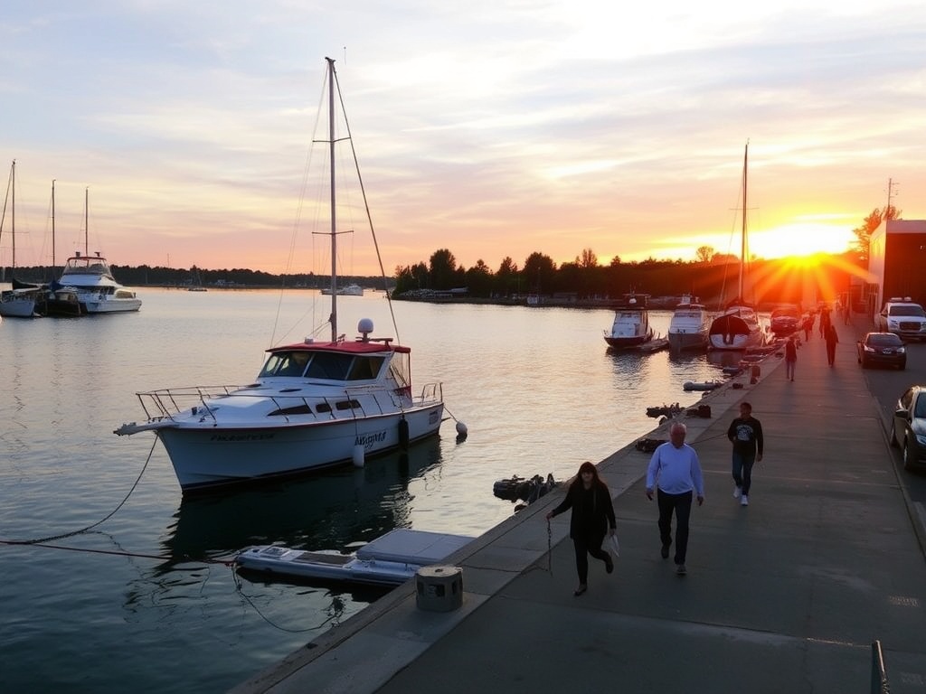 Kenora harborfront at sunset with boats and soft golden light, relaxed people walking