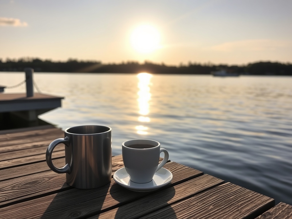 quiet Sunday morning dock in Kenora with coffee and calm lake water, peaceful scene
