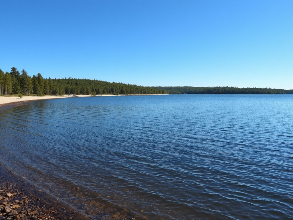 scenic Lake of the Woods shoreline in Kenora with forest and blue sky, midday