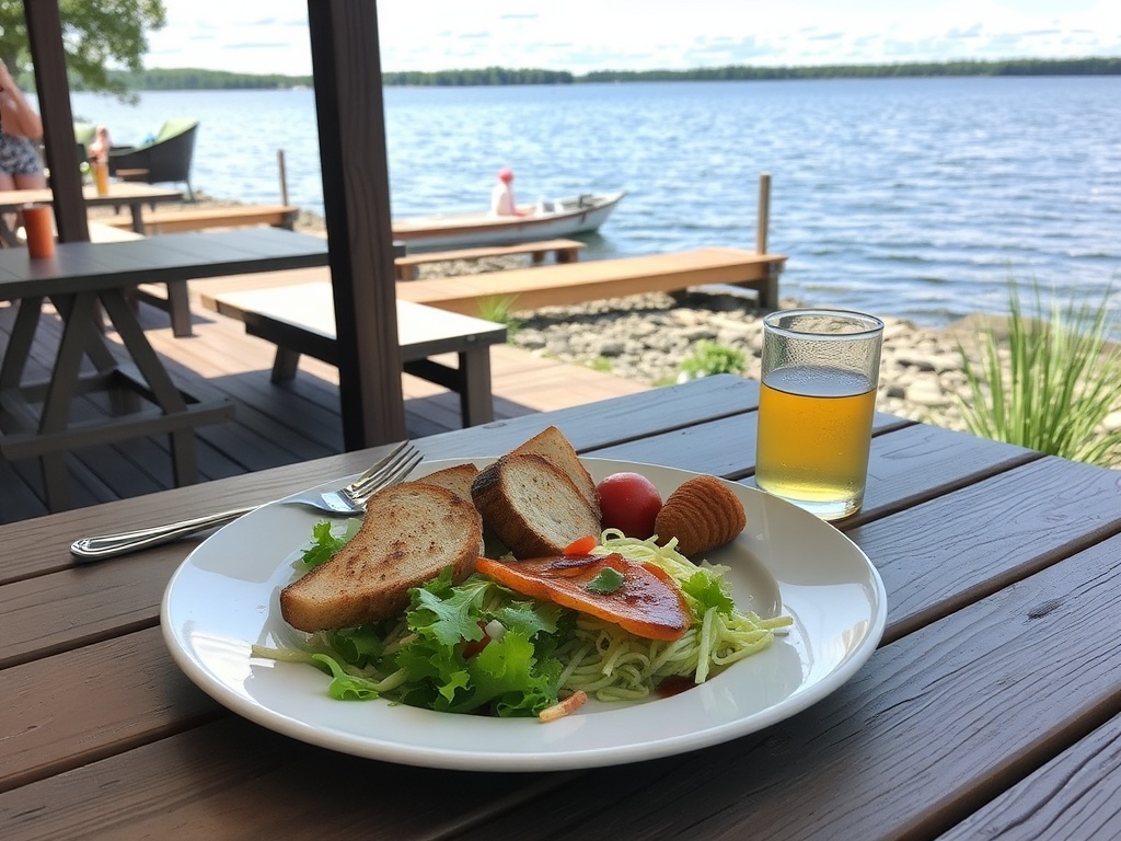 simple lakeside lunch in Kenora with light meal and water view, relaxed atmosphere