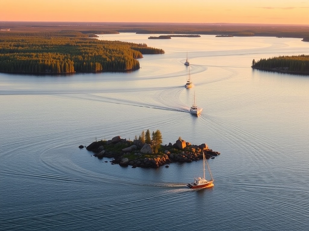 boats weaving between rocky islands Lake of the Woods Kenora golden hour