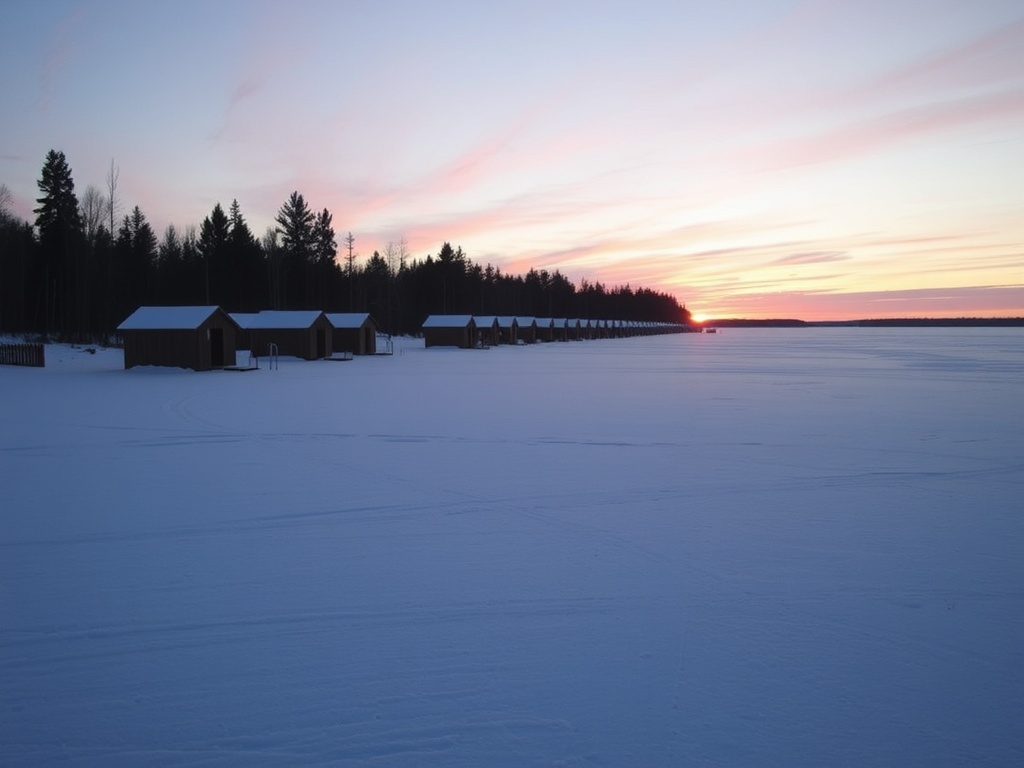 Kenora frozen Lake of the Woods ice fishing huts winter sunset