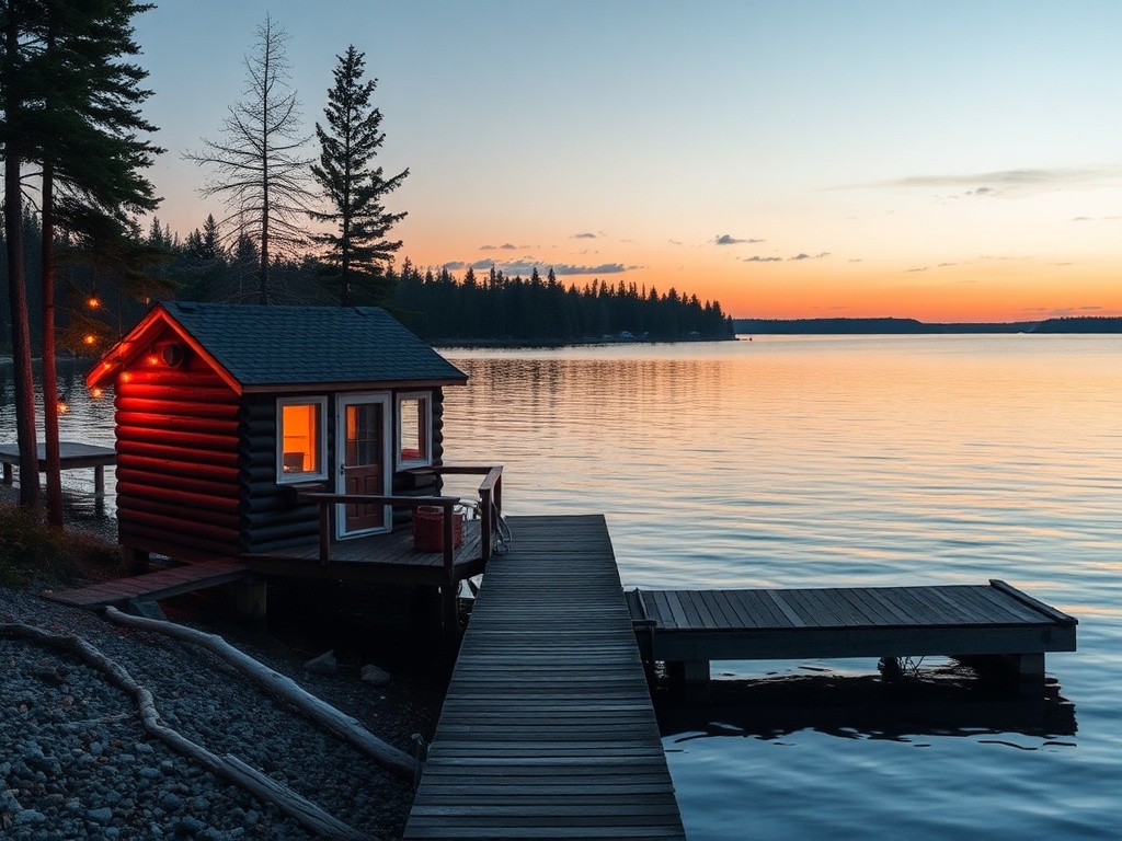 rustic Kenora lakeside cabin dock warm lights sunset Ontario