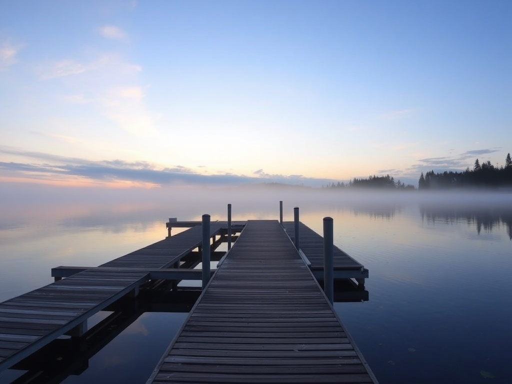 sunrise over Lake of the Woods Kenora docks mist calm water Northern Ontario