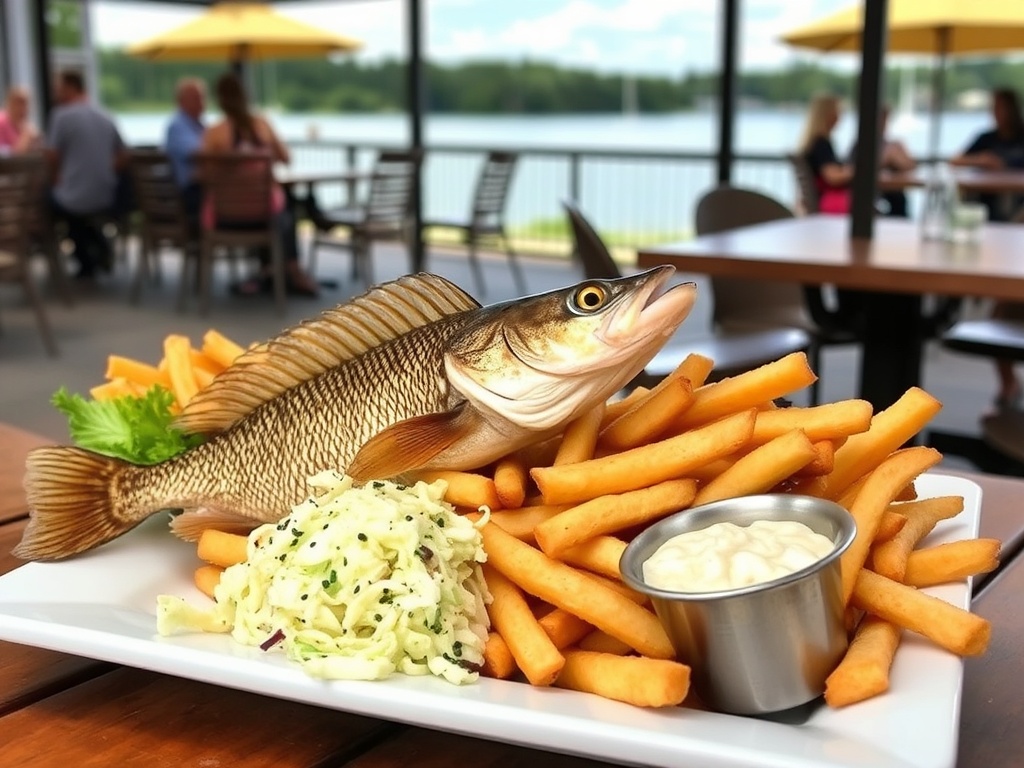 walleye fish fry plate fries coleslaw lakeside patio Kenora Ontario