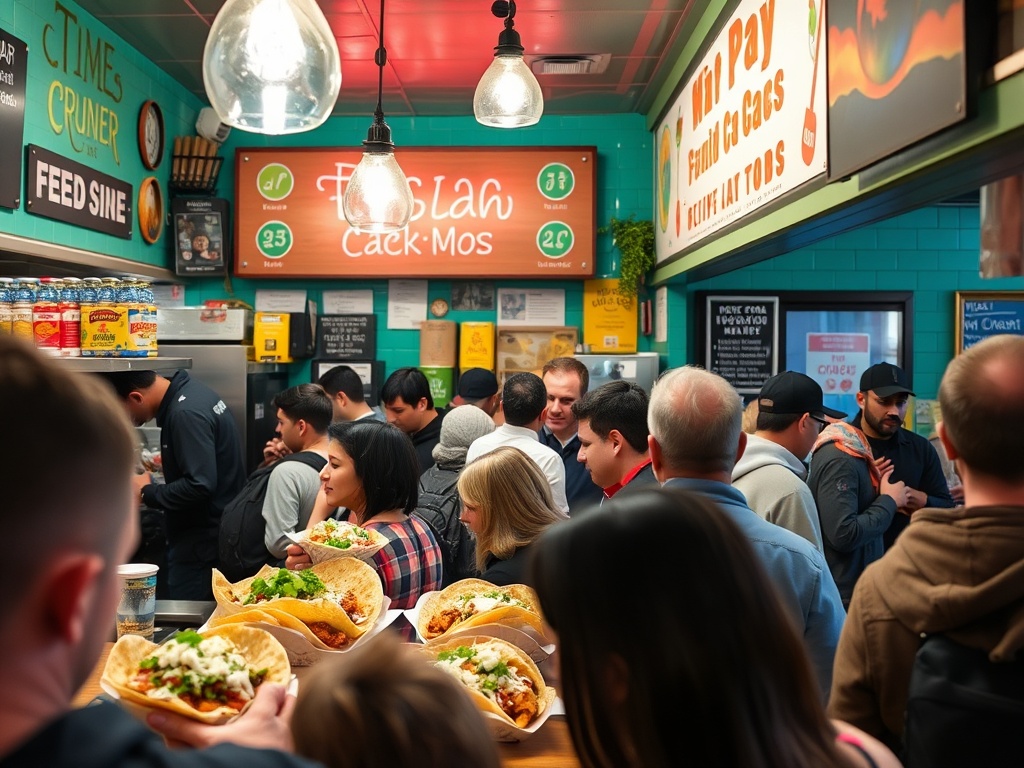 busy Kensington Market taco counter, colorful decor, Baja fish tacos close-up, crowded lunch rush