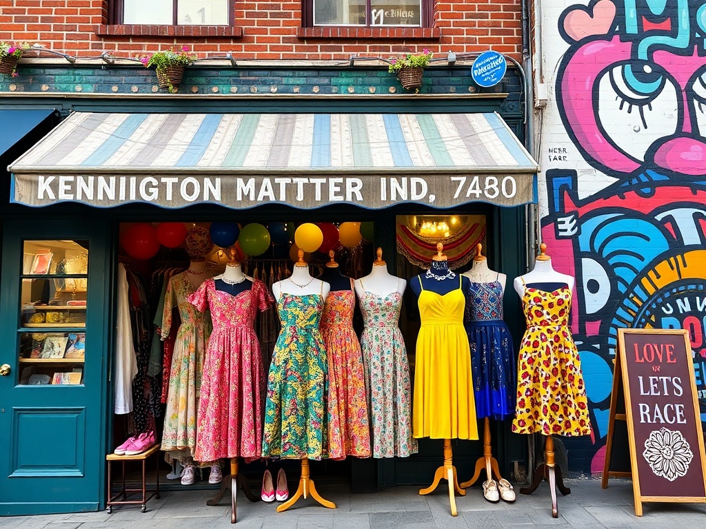 colorful vintage boutique exterior, quirky dresses, street art backdrop Kensington Market