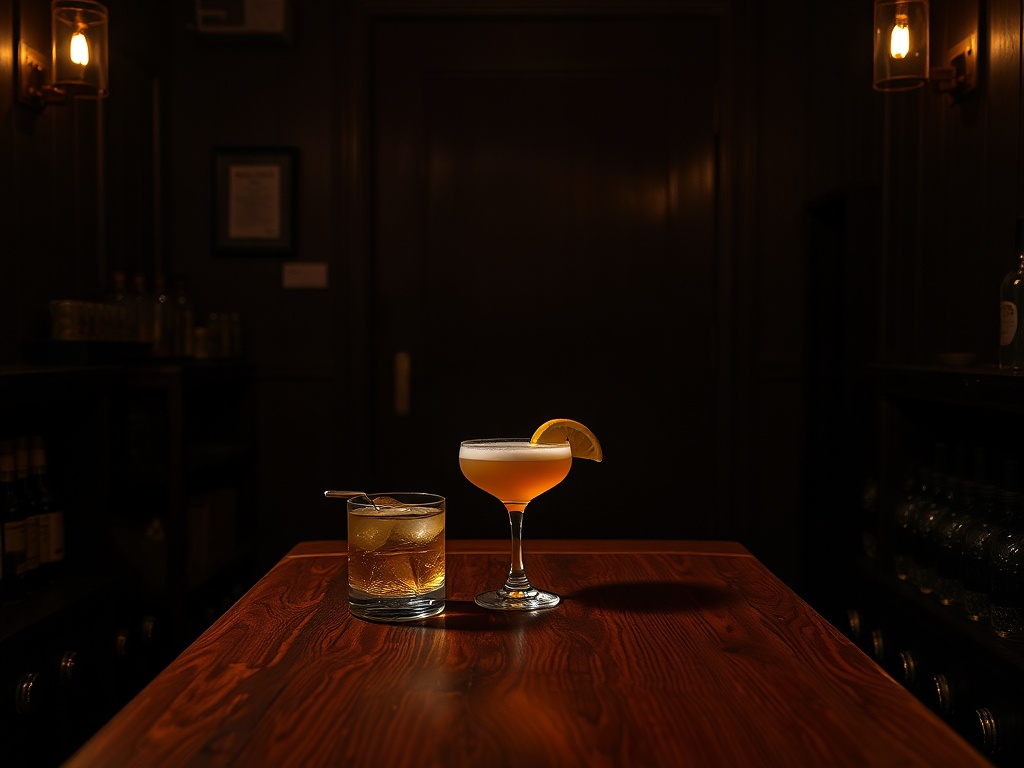 hidden bar behind unmarked door, dim lighting, cocktails on wooden table, moody vibe